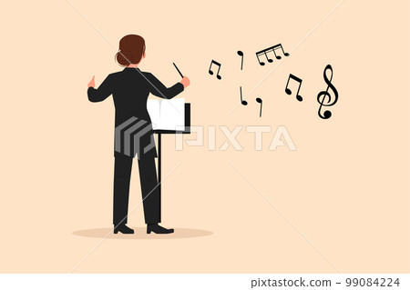 Business flat drawing back view woman conductor performing on stage, female musician in tuxedo directing classic instrumental symphony orchestra. Cartoon character graphic design vector illustration 99084224