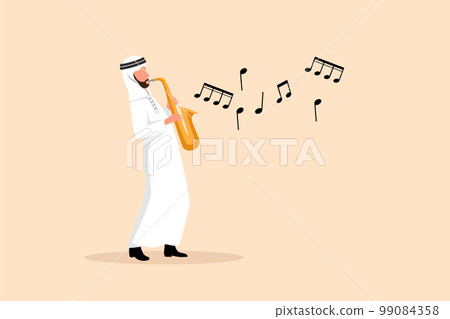 Business flat drawing Arabian saxophonist character. Jazz or blues musician, man playing saxophone. Male performer in festival jazz music, jazz band performances. Cartoon design vector illustration 99084358