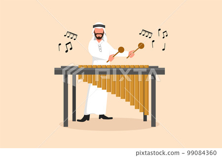 Business flat cartoon drawing Arabian man percussion player character play marimba. Male musician playing traditional Mexican marimba instrument at music festival. Graphic design vector illustration 99084360