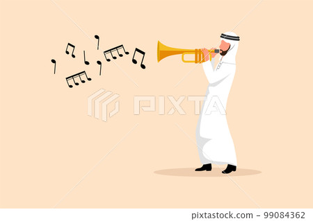 Business design drawing Arabian man play trumpet. Music instrumental. Jazz musician playing trumpet instrument. Trumpet player. Orchestra performer. Music performance. Flat cartoon vector illustration 99084362