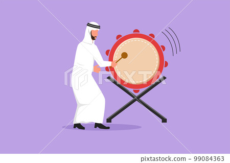Business flat cartoon drawing Arab man character hitting bedug or traditional drum for suhoor and iftar time Ramadan. Muslim person calling people to pray to mosque. Graphic design vector illustration Business flat cartoon drawing Arab man character hitting bedug or traditional drum for suhoor and iftar time Ramadan. Muslim person calling people to pray to mosque. Graphic design vector illustration 99084363