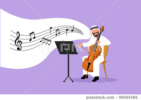 Business design drawing young Arabian male performer playing on contrabass. Cellist man playing cello, musician playing classical music instrument. Flat cartoon character style vector illustration 99084366