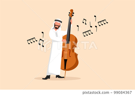 Business flat cartoon drawing double bass player with big string instrument. Arabian man musician playing classical music with fingers. Professional contrabassist. Graphic design vector illustration 99084367