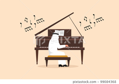 Business flat drawing Arabian man playing piano. Male performer sits at musical instrument and plays jazz or blues. Professional musician. Person performs on stage. Cartoon design vector illustration 99084368