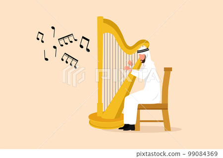 Business design drawing Arabian man musician playing harp. Classical music performer character with musical instrument. Male sitting on chair and playing harp. Flat cartoon style vector illustration Business design drawing Arabian man musician playing harp. Classical music performer character with musical instrument. Male sitting on chair and playing harp. Flat cartoon style vector illustration 99084369