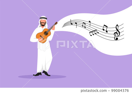 Business design drawing Arabian guy playing on ukulele and singing having fun. Male musician holding small guitar and singing. Man play on musical instrument. Flat cartoon style vector illustration 99084376