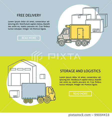 Delivery and storage horizontal banner templates in thin line style 99084418