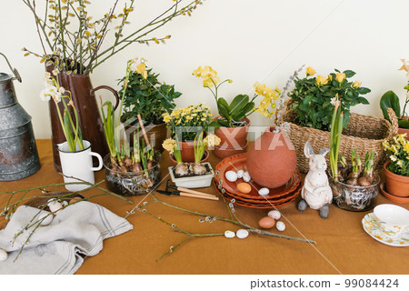 Easter holiday decor. Daffodils and hyacinths in a pot, eggs and a rabbit figurine and branches in vases Easter holiday decor. Daffodils and hyacinths in a pot, eggs and a rabbit figurine and branches in vases 99084424