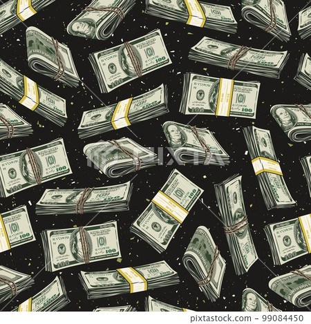 Money seamless pattern with wads of one hundred US dollar bills on a black textured background. Falling dollar stacks. Detailed vector illustration. 99084450
