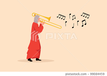 Business design drawing trombone player. Arab female performer play wind instrument. Music artist girl. Jazz woman. Musician play trumpet. Classic music event. Flat cartoon style vector illustration Business design drawing trombone player. Arab female performer play wind instrument. Music artist girl. Jazz woman. Musician play trumpet. Classic music event. Flat cartoon style vector illustration 99084459