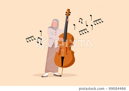 Business design drawing double bass player standing with big string instrument. Arab woman musician playing classical music with fingers. Professional contrabassist. Flat cartoon vector illustration Business design drawing double bass player standing with big string instrument. Arab woman musician playing classical music with fingers. Professional contrabassist. Flat cartoon vector illustration 99084466