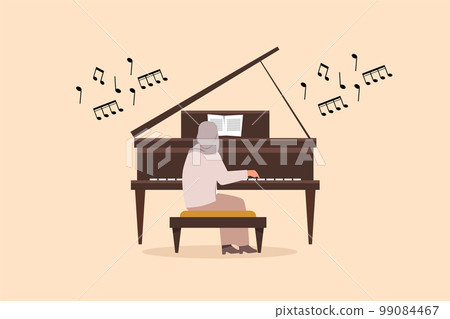 Business flat cartoon style character drawing Arab woman playing piano. Female performer sitting at musical instrument and play jazz or blues. Professional musician. Graphic design vector illustration Business flat cartoon style character drawing Arab woman playing piano. Female performer sitting at musical instrument and play jazz or blues. Professional musician. Graphic design vector illustration 99084467