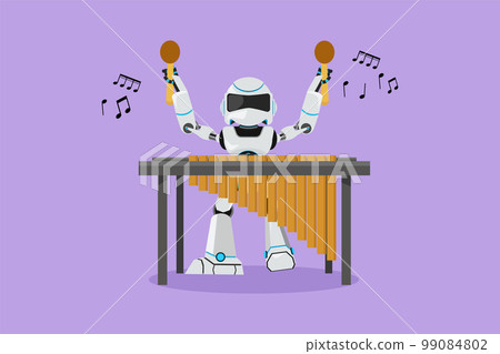 Character flat drawing active robot percussion player play marimba at music folk festival. Robotic musician artificial intelligence. Electronic technology industry. Cartoon design vector illustration 99084802