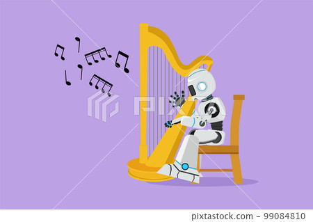 Character flat drawing robot sitting on chair and playing harp at classic music festival. Future technology development. Artificial intelligence machine learning. Cartoon design vector illustration 99084810