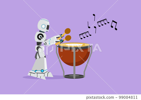 Flat cartoon style drawing active robot percussion player holding stick and play timpani. Robotic artificial intelligence. Electronic technology industry. Graphic design character vector illustration 99084811