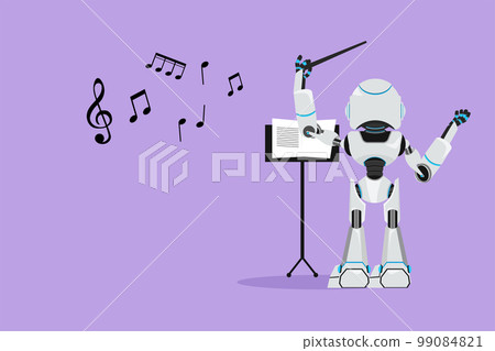 Flat cartoon style drawing back view of robot conductor character performing on stage, directing symphony orchestra. Modern humanoid robotic cybernetic organism. Graphic design vector illustration 99084821