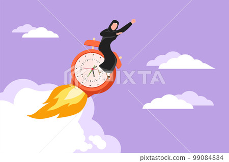 Character flat drawing Arabian businesswoman riding alarm clock rocket ship with fire, clouds. Time, watch, limited offer, deadline. Time to work. Countdown shuttle. Cartoon design vector illustration 99084884