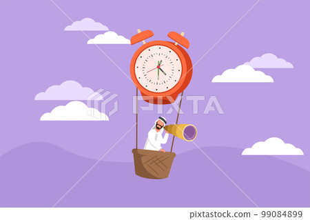 Flat cartoon style drawing Arab businessman, manager, employee ride hot air balloon alarm clock and looking forward with telescope. Time management business travel. Graphic design vector illustration 99084899
