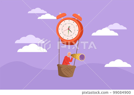 Character flat drawing Arab businesswoman, manager or employee ride hot air balloon alarm clock and looking forward with telescope. Time management business travel. Cartoon design vector illustration 99084900
