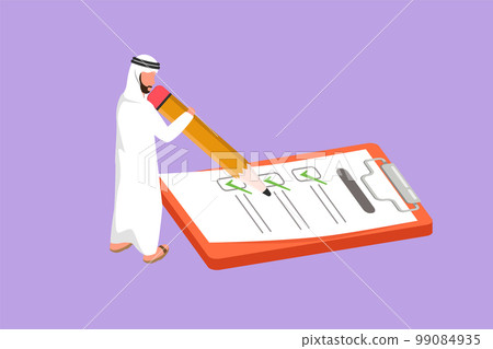Character flat drawing active Arabian businessman filled out questionnaire on the floor. Man standing near big checklist. Male with pencil writes test on clipboard. Cartoon design vector illustration 99084935