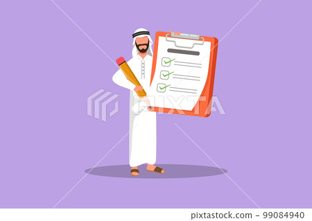Character flat drawing Arab businessman standing and holding clipboard with checklist. Business success completed plan. Goal achievements planning schedule concept. Cartoon design vector illustration 99084940