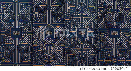 Vector set of line design in trendy vintage style, abstract art deco geometric frames, luxury package templates with leaves. Use for wedding invitation, chocolate, wine, cover, card, print, poster. 99085041