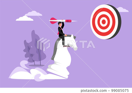 Character flat drawing accuracy businessman holding a dart arrow while riding chess knight piece, strategic concept. Success manager achievement. Business metaphor. Cartoon design vector illustration 99085075