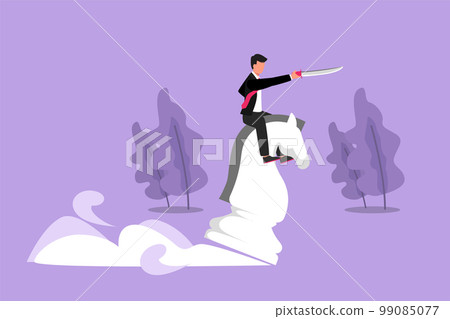 Graphic flat design drawing competitive businessman riding big chess horse knight with sword. Idea, business strategy, winning competition, achievement goal concept. Cartoon style vector illustration Graphic flat design drawing competitive businessman riding big chess horse knight with sword. Idea, business strategy, winning competition, achievement goal concept. Cartoon style vector illustration 99085077