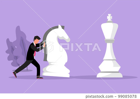 Cartoon flat style drawing competitive businessman push huge knight chess piece to beat king. Business strategy, marketing plan. Strategic move in business concept. Graphic design vector illustration 99085078