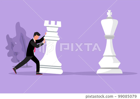 Character flat drawing of competitive businessman push huge rook chess piece to beat king. Business strategy and marketing plan. Strategic move in business concept. Cartoon design vector illustration 99085079