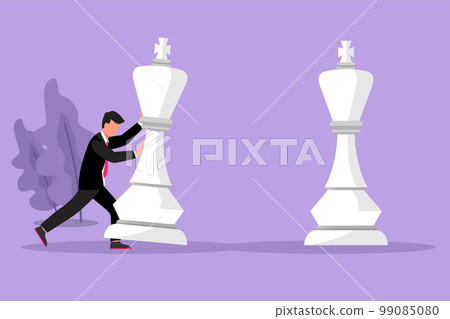 Graphic flat design drawing businessman pushes big king chess pieces to beat opponent king. Business strategy and marketing plan. Strategic move in business concept. Cartoon style vector illustration 99085080