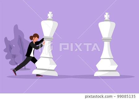 Cartoon flat style drawing of businesswoman pushes big king chess pieces to beat opponent king. Business strategy marketing plan. Strategic move in business concept. Graphic design vector illustration 99085135
