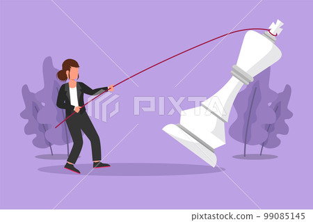 Graphic flat design drawing motivation businesswoman pulling big king chess with rope. Business achievement, targeting strategy, competitive, strategic goals concept. Cartoon style vector illustration 99085145