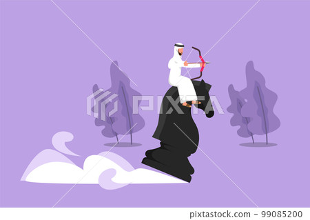 Graphic flat design drawing precise Arab businessman holding archery aiming target while riding chess knight piece, strategic competition. Success business manager. Cartoon style vector illustration 99085200