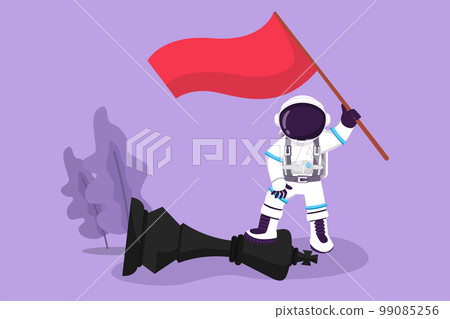 Graphic flat design drawing young astronaut steps on big chess king piece while waving the victory flag in moon surface. Winning game. Cosmonaut outer space concept. Cartoon style vector illustration 99085256