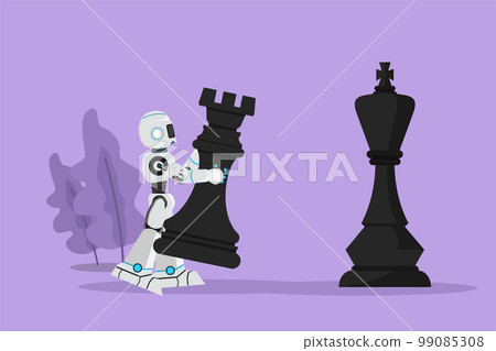Graphic flat design drawing robot holding rook chess piece to beat king chess. Strategic movement game plan. Future technology development. Artificial intelligence. Cartoon style vector illustration 99085308