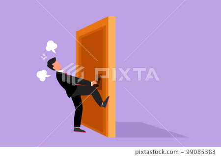 Character flat drawing businessman pulling closed door knob with power. Business struggles metaphor. Strength for success in market competition. Opening closed door. Cartoon design vector illustration 99085383