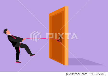 Graphic flat design drawing young businessman pulling door with rope, metaphor to facing big problem. Business struggles in market competition. Strength for success. Cartoon style vector illustration 99085389