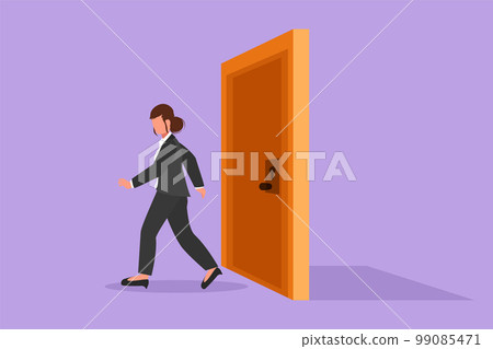 Graphic flat design drawing businesswoman walking and leaving closed door. New business ventures. Entrepreneur entering new market. Career growth or vision metaphor. Cartoon style vector illustration 99085471