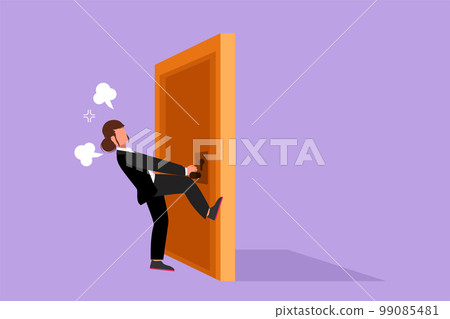 Character flat drawing businesswoman pulling closed door knob with power. Business struggles metaphor. Strength for success in market competition. Open closed door. Cartoon design vector illustration 99085481
