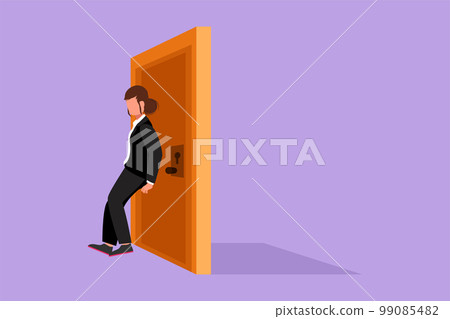 Cartoon flat style drawing of businesswoman pushing door with her back. Business struggles metaphor. Strength for success. Business concept of overcoming obstacles. Graphic design vector illustration Cartoon flat style drawing of businesswoman pushing door with her back. Business struggles metaphor. Strength for success. Business concept of overcoming obstacles. Graphic design vector illustration 99085482