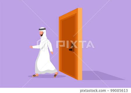 Cartoon flat style drawing Arab businessman walking and leaving closed door. Business ventures. Entrepreneur entering new market. Career growth or vision metaphor. Graphic design vector illustration 99085613