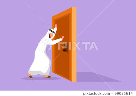 Character flat drawing of young Arabian businessman pushes closed wooden door. Business struggles metaphor. Strength manager for success. Opening closed doors. Cartoon style design vector illustration 99085614