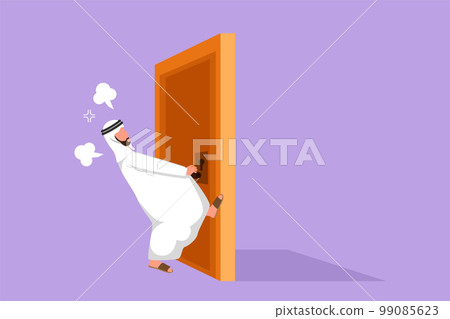 Character flat drawing Arab businessman pulling closed door knob with power. Business struggles metaphor. Strength for success in competition. Opening closed door. Cartoon design vector illustration 99085623