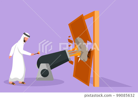 Graphic flat design drawing Arab businessman ignites cannon in front of door, destroying door. Eliminating barrier of entries, destroying obstacles with brute force. Cartoon style vector illustration 99085632