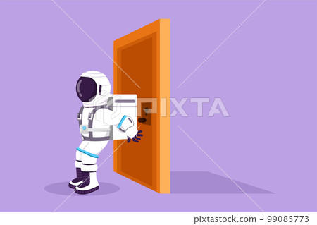 Graphic flat design drawing of young astronaut pushing door with his back in moon surface. Strength for success, overcoming obstacles. Cosmonaut deep space concept. Cartoon style vector illustration 99085773
