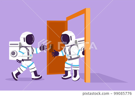 Character flat drawing young astronaut at the door welcomes his friend in in moon surface. Spaceman inviting his friend to his house. Cosmonaut outer space concept. Cartoon design vector illustration 99085776