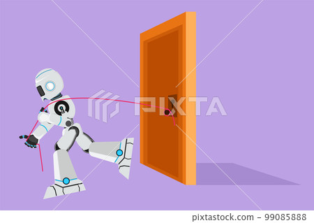 Cartoon flat style drawing robot trying hard to pulling heavy door frame with rope. Business struggles. Strength for success. Modern robotic artificial intelligence. Graphic design vector illustration Cartoon flat style drawing robot trying hard to pulling heavy door frame with rope. Business struggles. Strength for success. Modern robotic artificial intelligence. Graphic design vector illustration 99085888