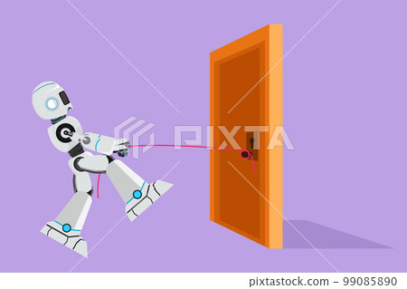 Cartoon flat style drawing of robot pulling door with rope, metaphor to facing big problem. Modern robotic artificial intelligence. Electronic technology industry. Graphic design vector illustration 99085890