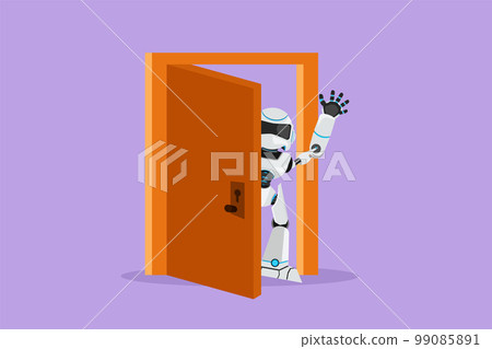 Character flat drawing robot looking from behind open door, peeking of door and wave hands. Waiting guest to come. Humanoid robot cybernetic organism. Future robot. Cartoon design vector illustration 99085891